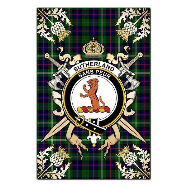 Sutherland Modern Tartan Crest Black Garden Flag - Gold Thistle Style Online now