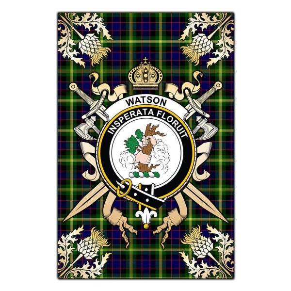 Watson Modern Tartan Crest Black Garden Flag - Gold Thistle Style Cheap